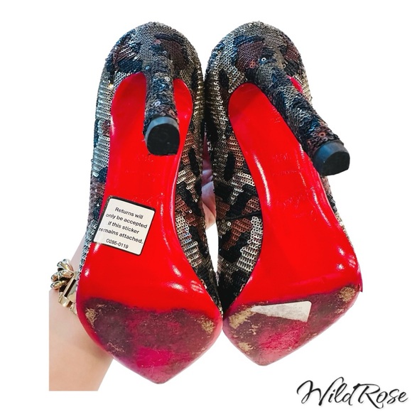 CHRISTIAN LOUBOUTIN BROWN SILVER BLACK LEOPARD PAILLETTES SEQUIN PIGALLE 36.5 - Picture 9 of 16